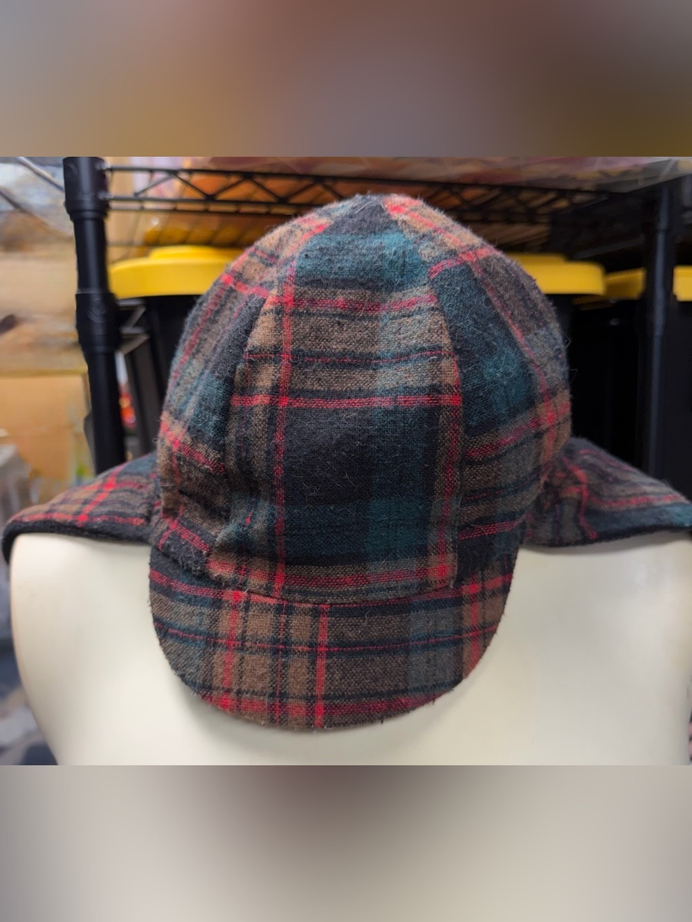 Vintage OLD trapper hat lined wool green brown plaid ear flaps covers chin tie